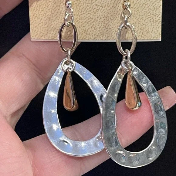 Hannah essentials 2 tone silver gold tear drop earrings 2 3/4 inch - Picture 7 of 7